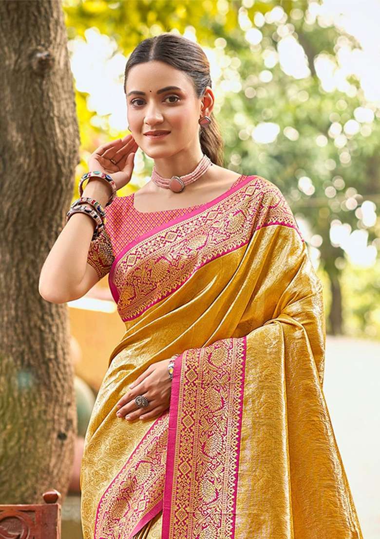 Mustard Zari Work Silk Saree Set - Indya