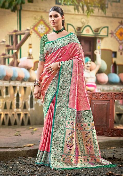 Pink Zari Work Silk Saree Set