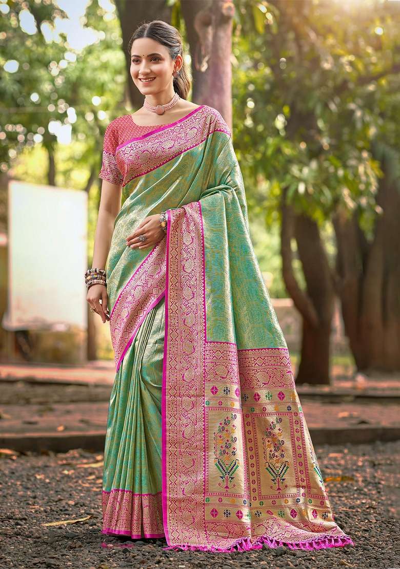Teal Zari Work Silk Saree Set - Indya