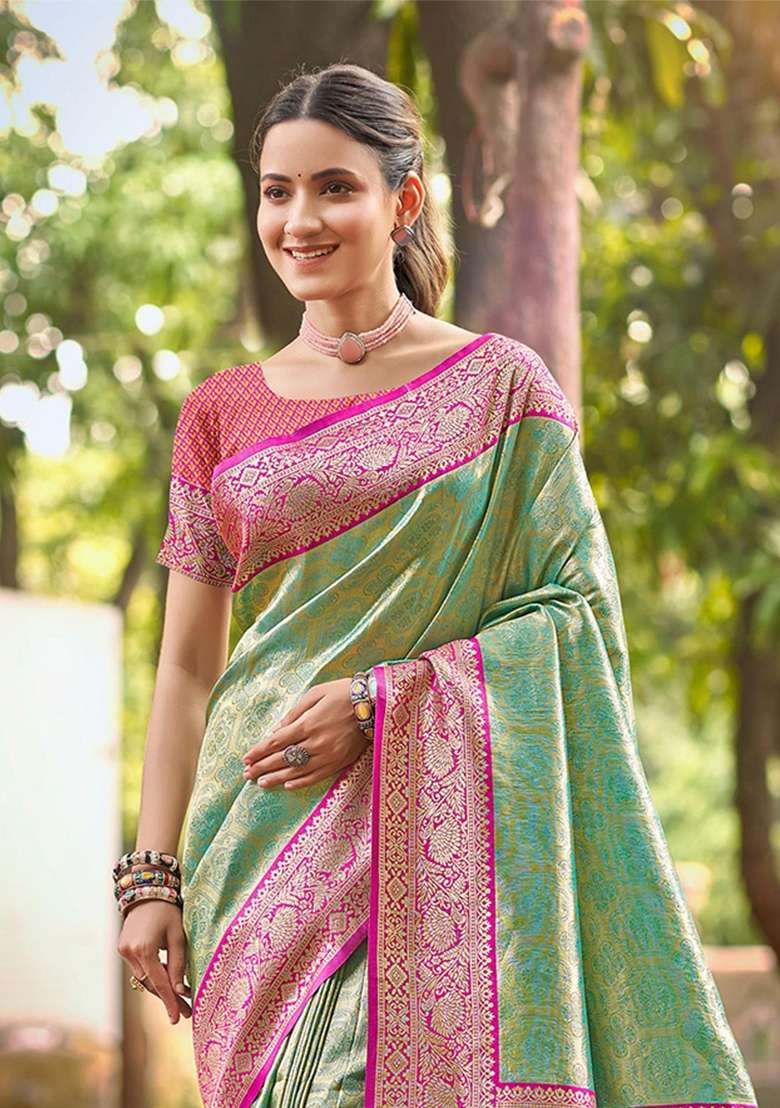 Teal Zari Work Silk Saree Set - Indya