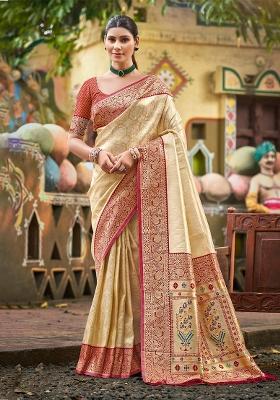 Beige Zari Work Silk Saree Set