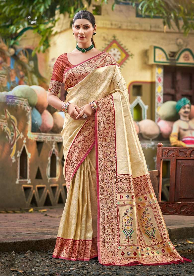 Beige Zari Work Silk Saree Set - Indya