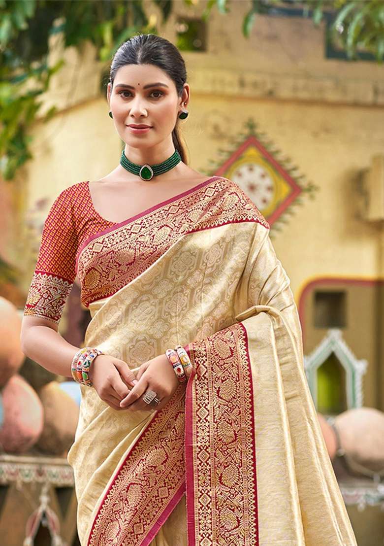 Beige Zari Work Silk Saree Set - Indya