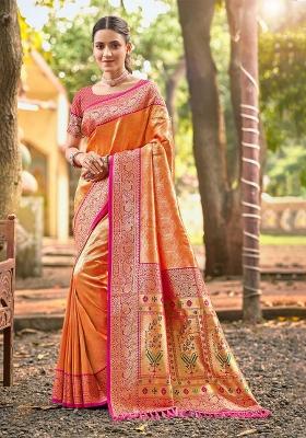 Orange Zari Work Silk Saree Set