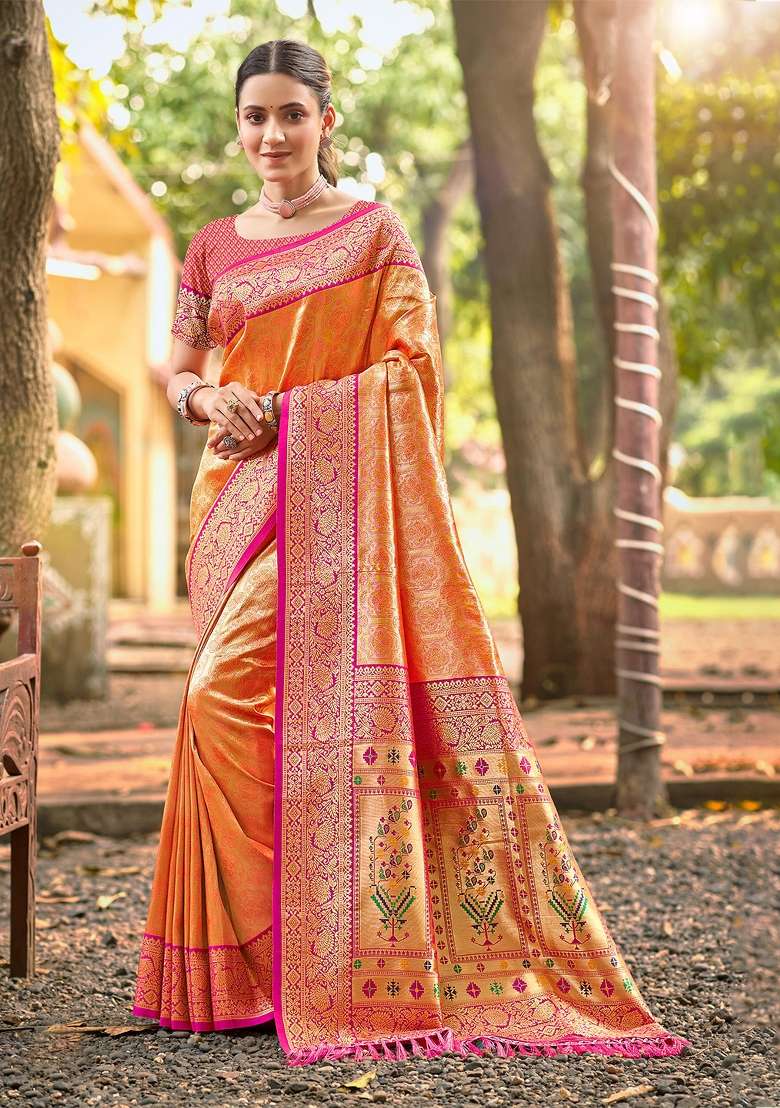 Orange Zari Work Silk Saree Set - Indya