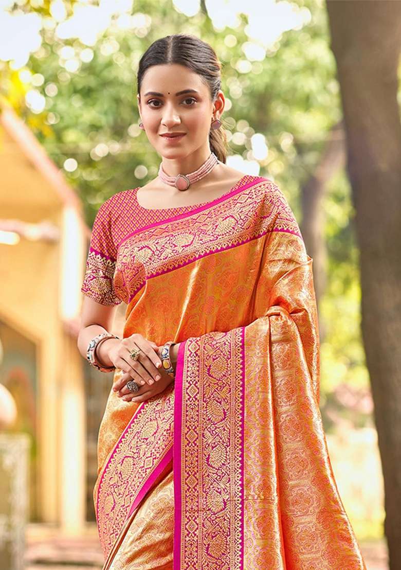 Orange Zari Work Silk Saree Set - Indya