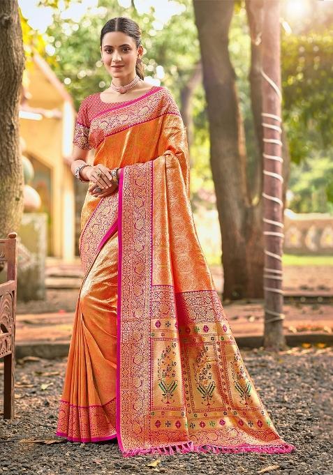 Orange Zari Work Silk Saree Set