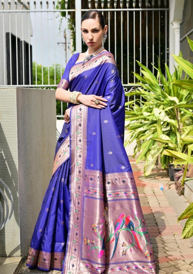 Blue Zari Work Silk Saree Set - Indya