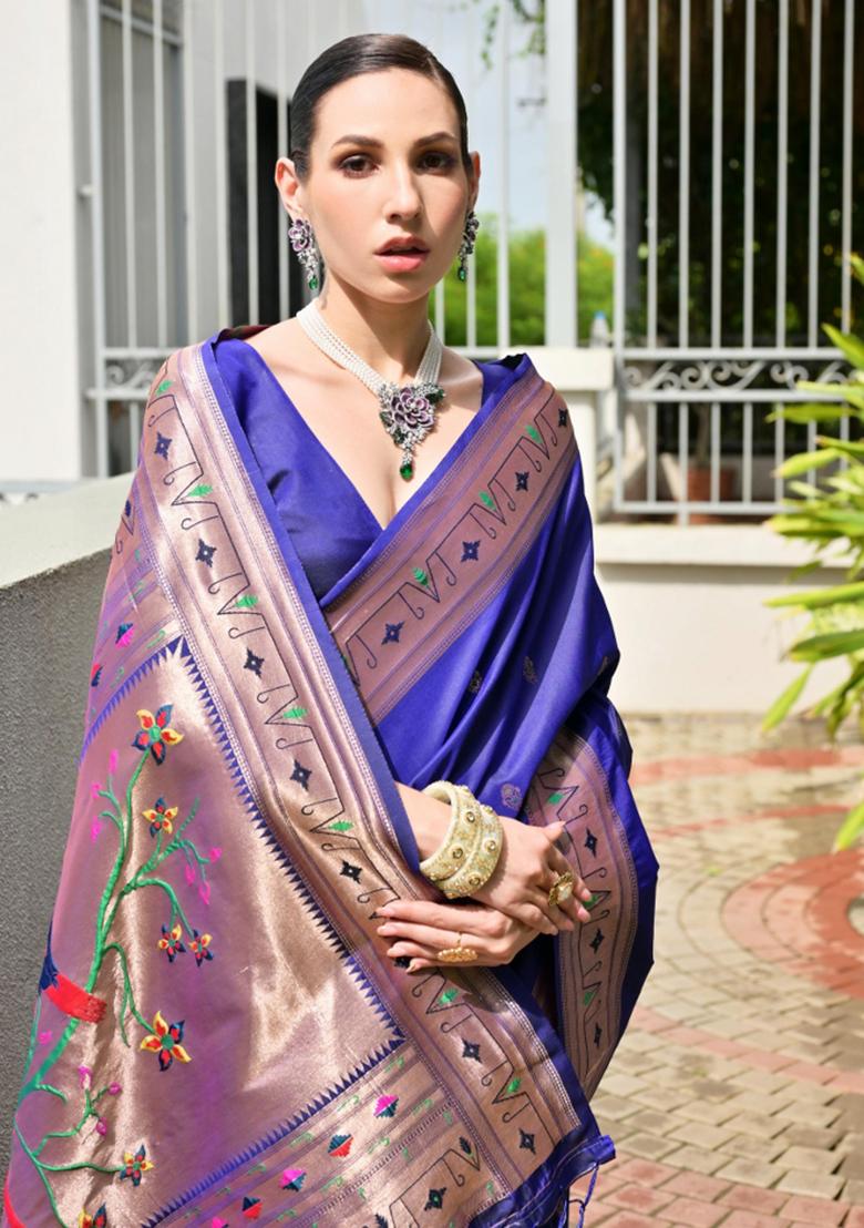 Blue Zari Work Silk Saree Set - Indya