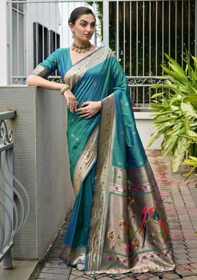 Green Zari Work Silk Saree Set for Diwali and Festive Wear - Indya