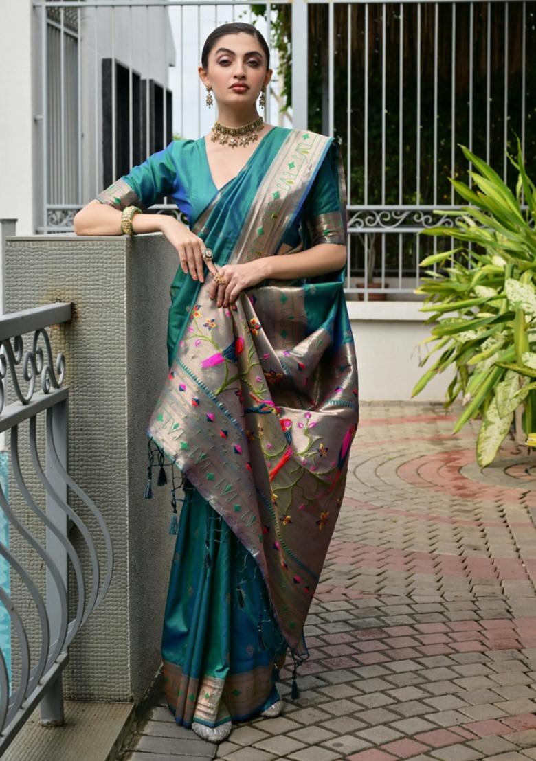 Green Zari Work Silk Saree Set - Indya
