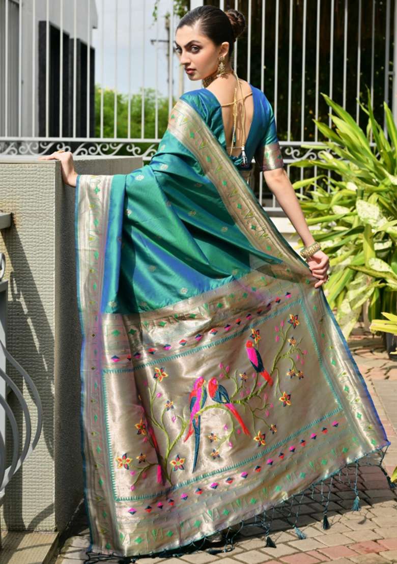 Green Zari Work Silk Saree Set for Diwali and Festive Wear - Indya