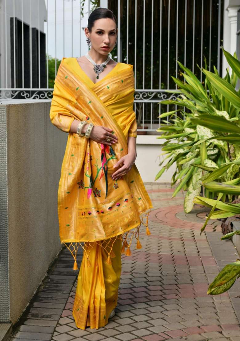 Yellow Silk Saree Set with Zari Work for Diwali | Wedding & Festive Wear - Indya