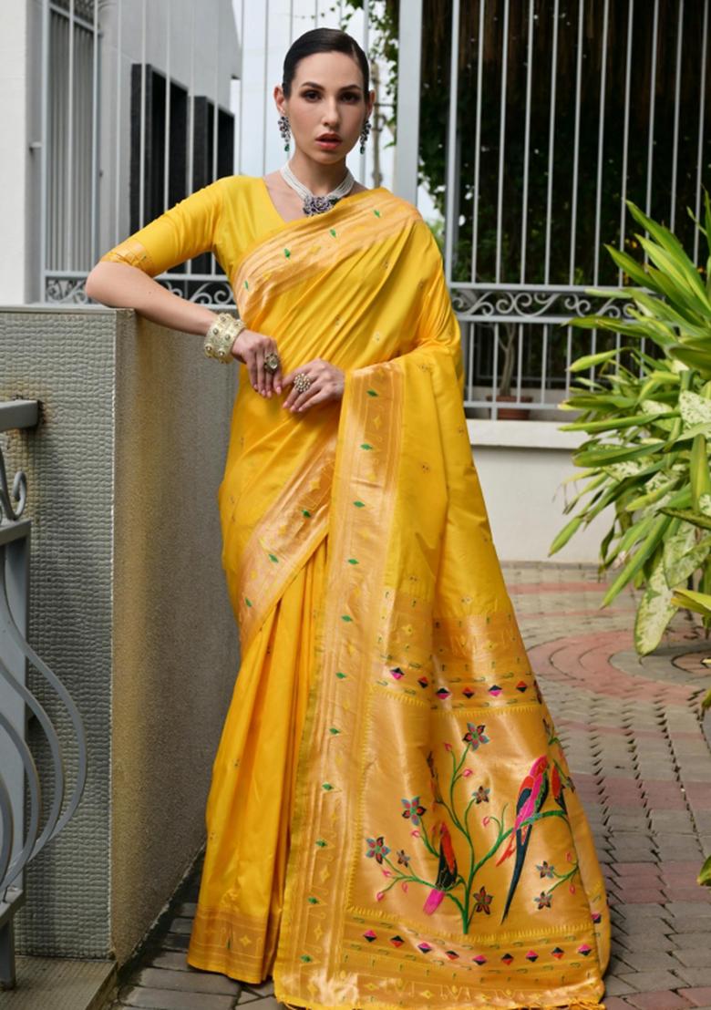 Yellow Zari Work Silk Saree Set - Indya