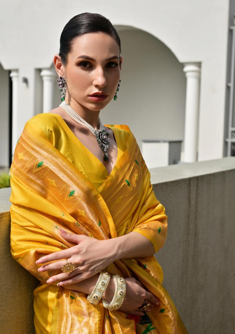 Yellow Zari Work Silk Saree Set - Indya