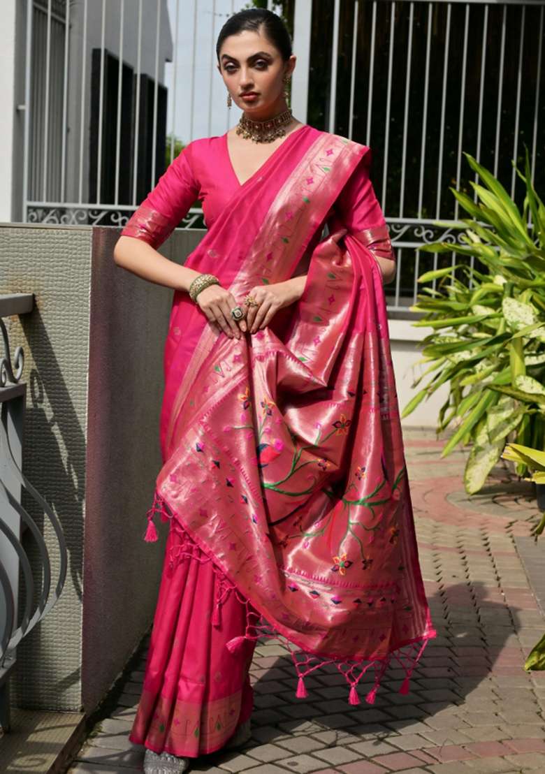 Pink Zari Work Silk Saree Set for Diwali and Festive Wear - Indya
