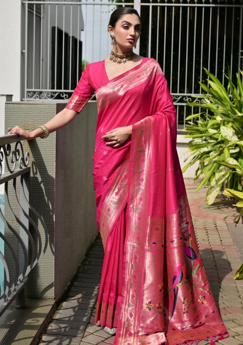 Pink Zari Work Silk Saree Set - Indya