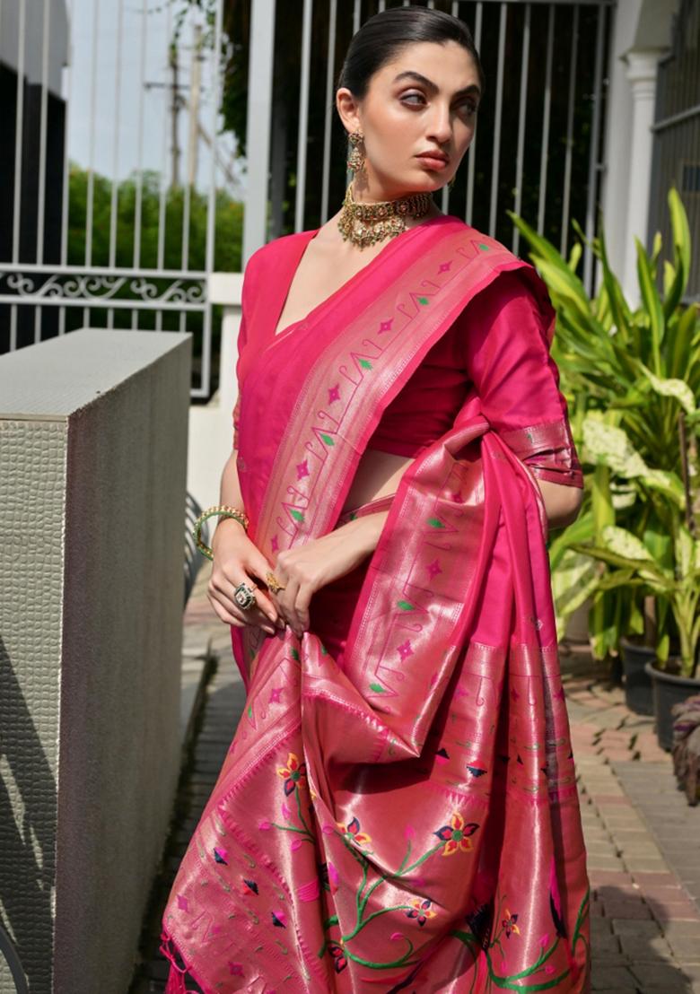 Pink Zari Work Silk Saree Set - Indya