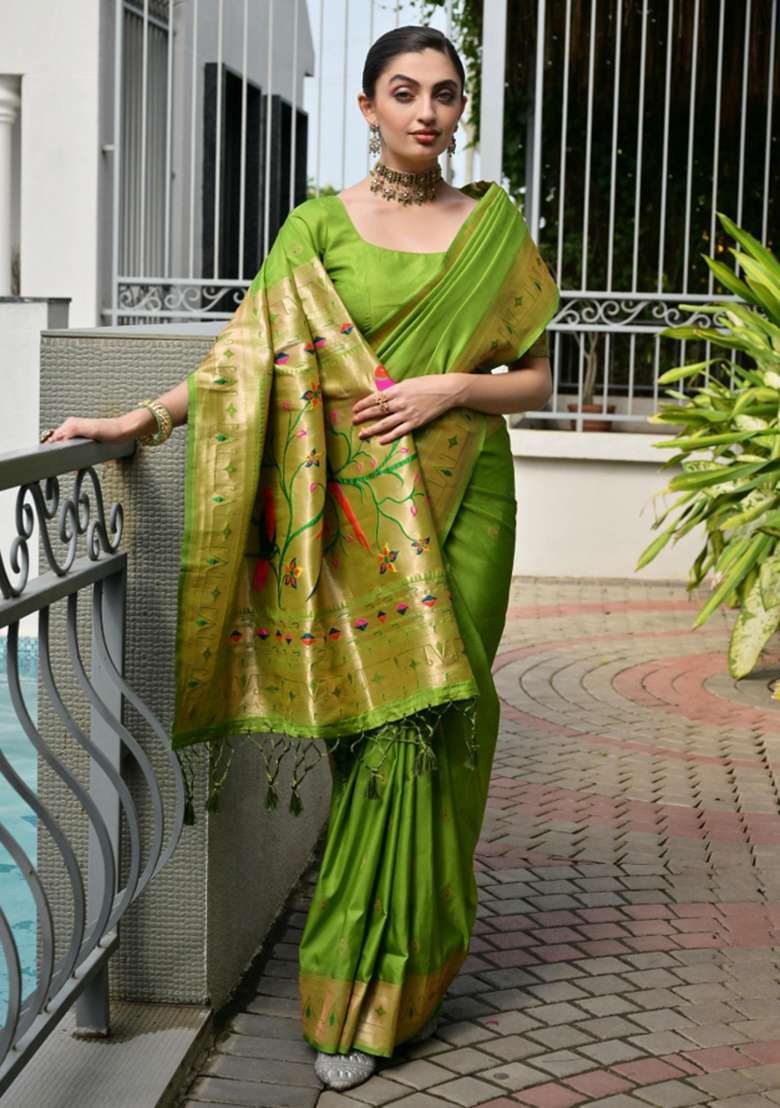 Green Silk Saree Set with Zari Work for Diwali | Wedding & Festive Wear - Indya
