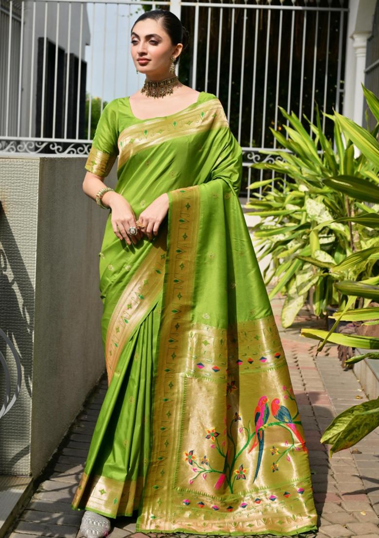 Green Zari Work Silk Saree Set - Indya