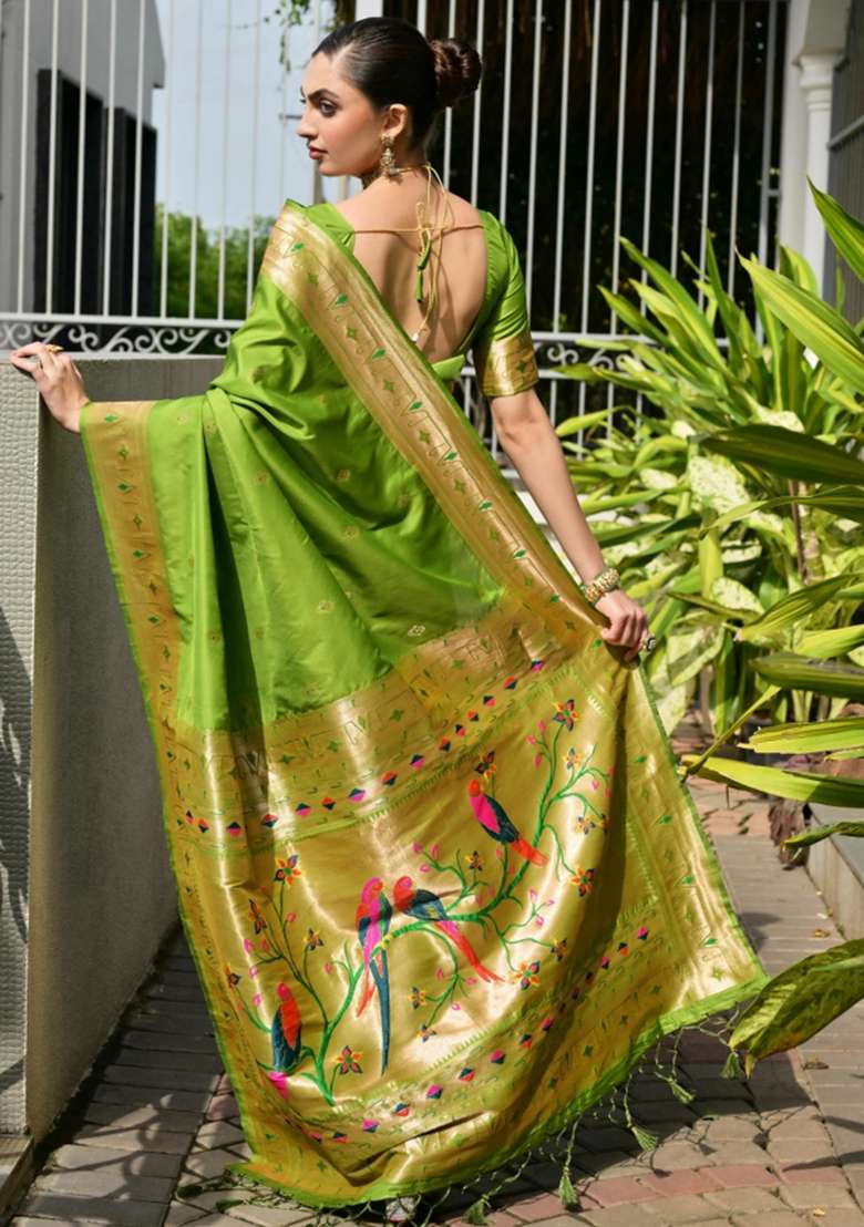 Green Silk Saree Set with Zari Work for Diwali | Wedding & Festive Wear - Indya