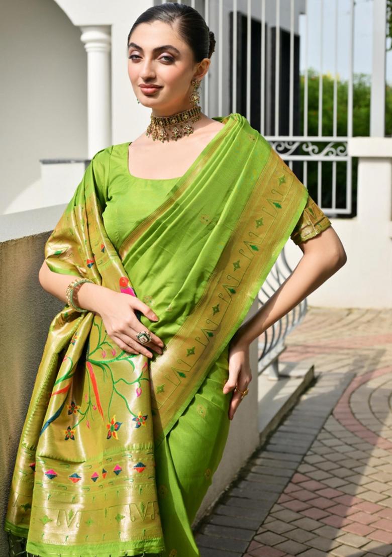 Green Zari Work Silk Saree Set - Indya