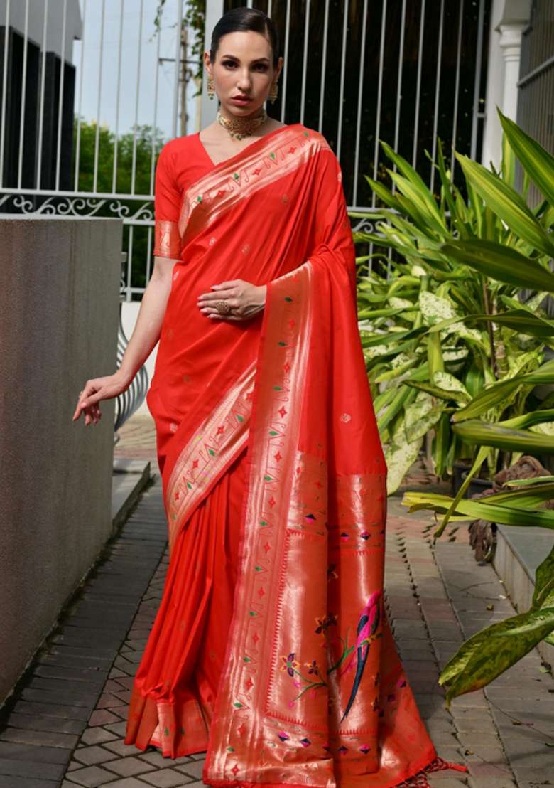 Orange Zari Work Silk Saree Set for Diwali and Festive Wear - Indya