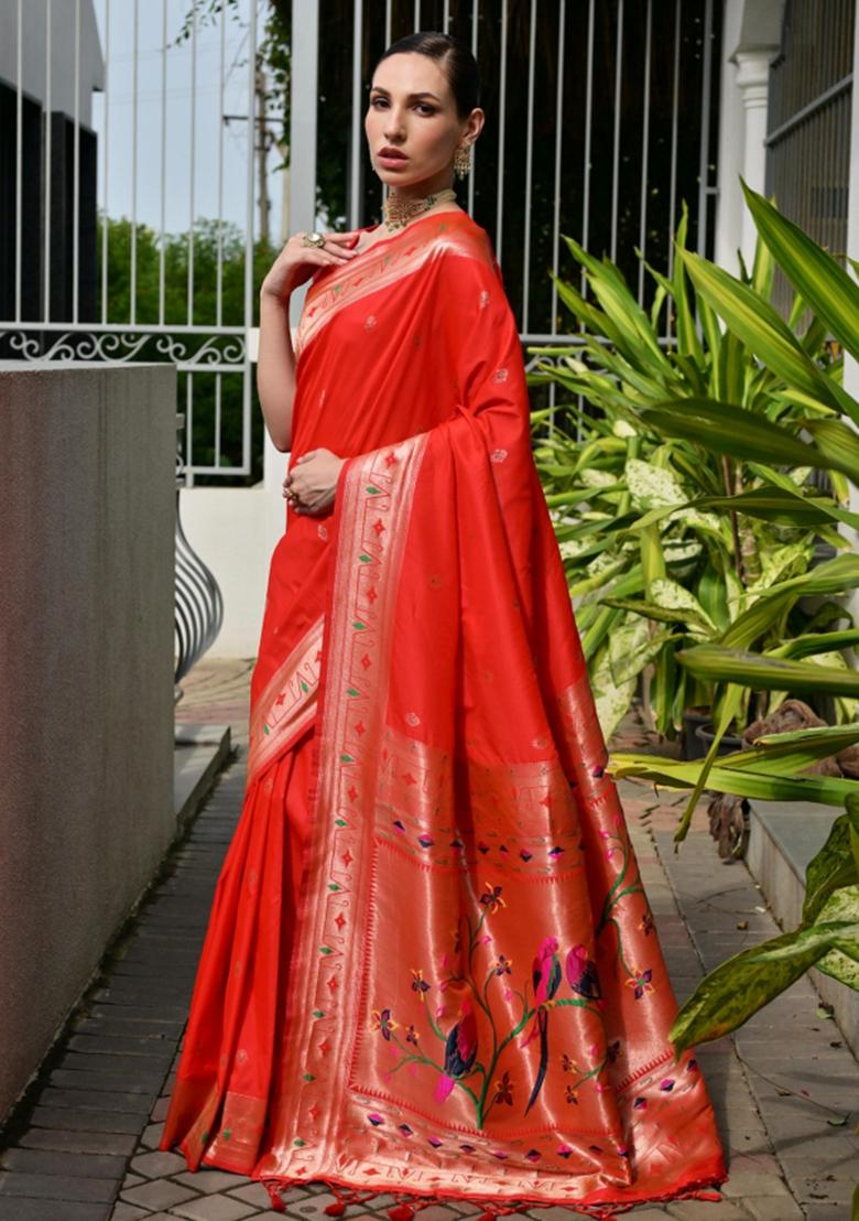 Orange Zari Work Silk Saree Set - Indya