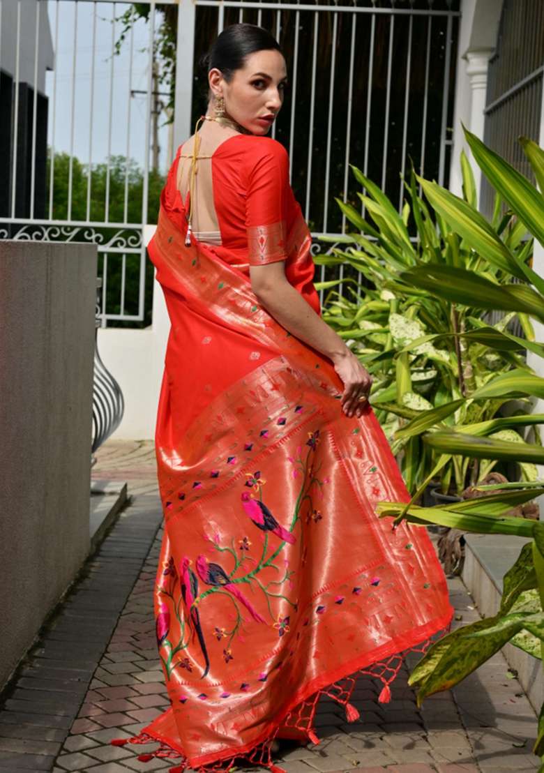 Orange Zari Work Silk Saree Set for Diwali and Festive Wear - Indya