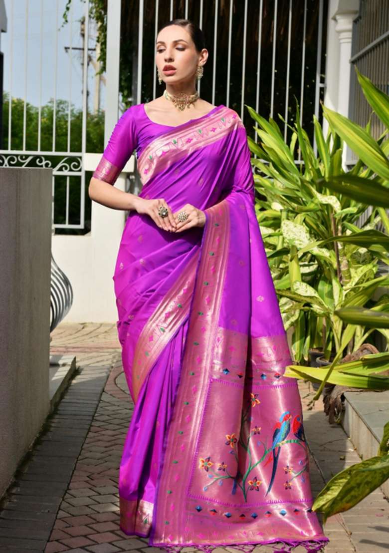 Purple Zari Work Silk Saree Set for Diwali and Festive Wear - Indya