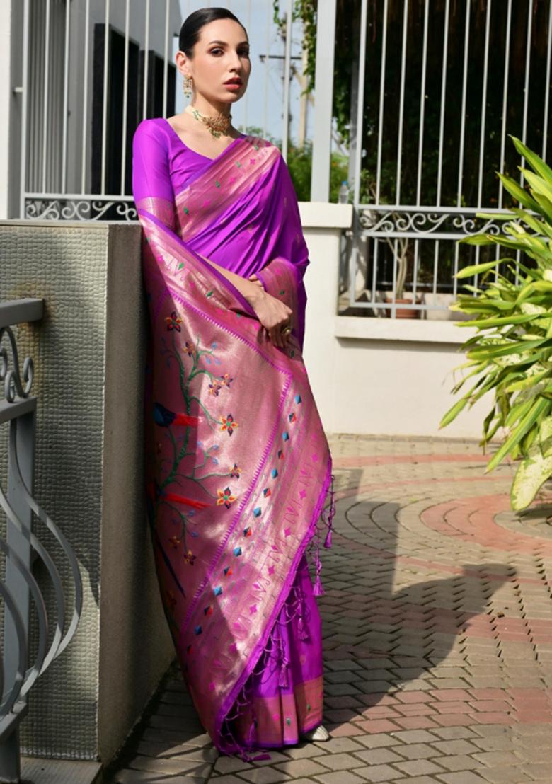 Purple Zari Work Silk Saree Set - Indya