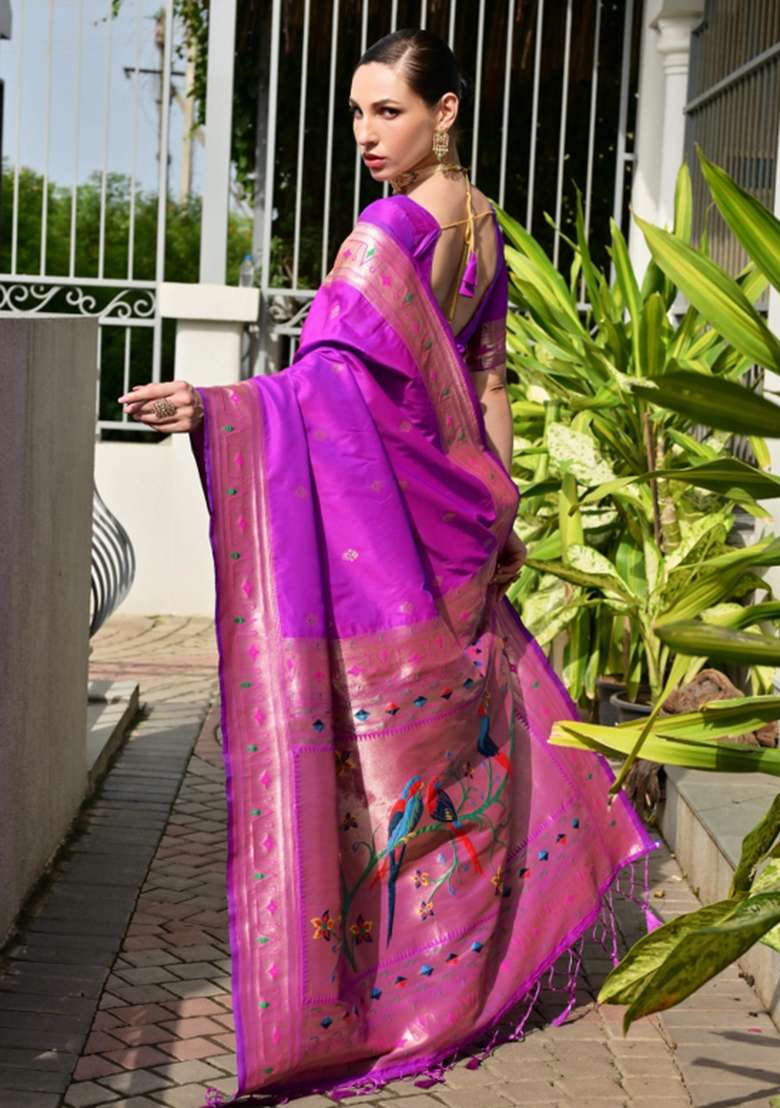 Purple Zari Work Silk Saree Set for Diwali and Festive Wear - Indya