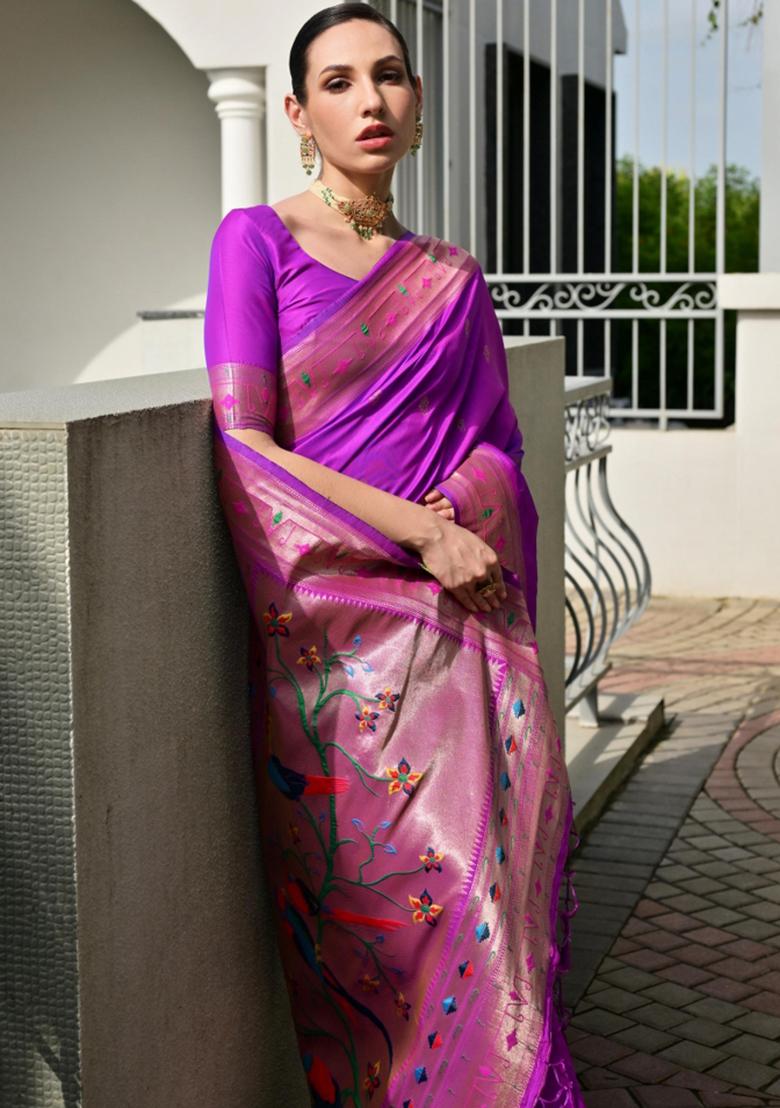Purple Zari Work Silk Saree Set - Indya