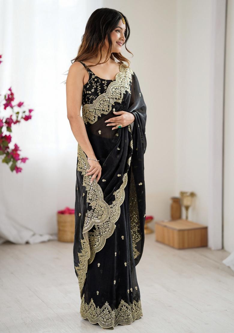 Black Zari Work Tissue Saree Set - Indya