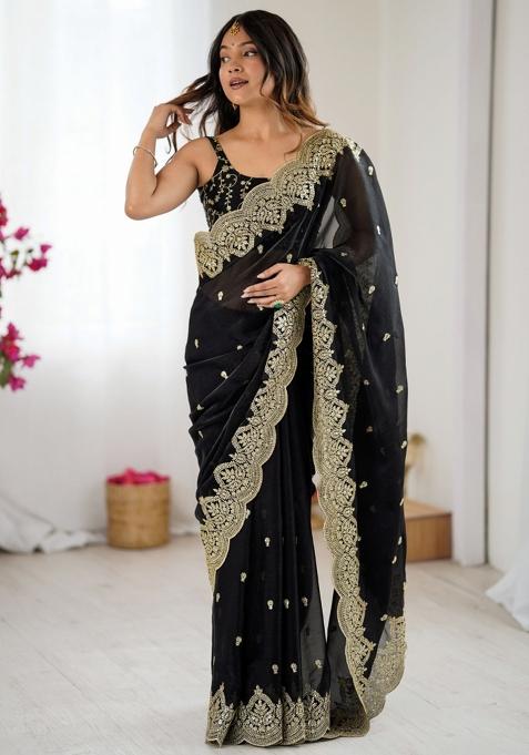 Black Zari Work Tissue Saree Set