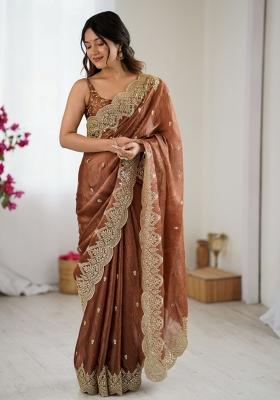 Brown Zari Work Tissue Saree Set