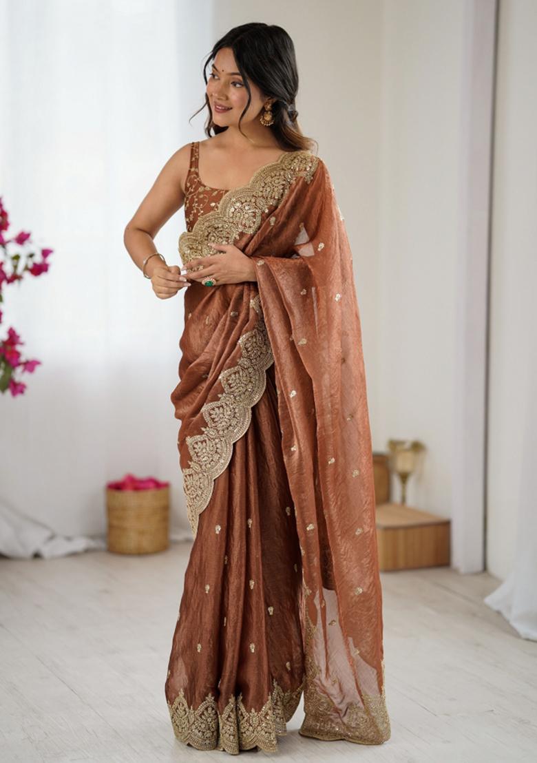 Brown Zari Work Tissue Saree Set - Indya
