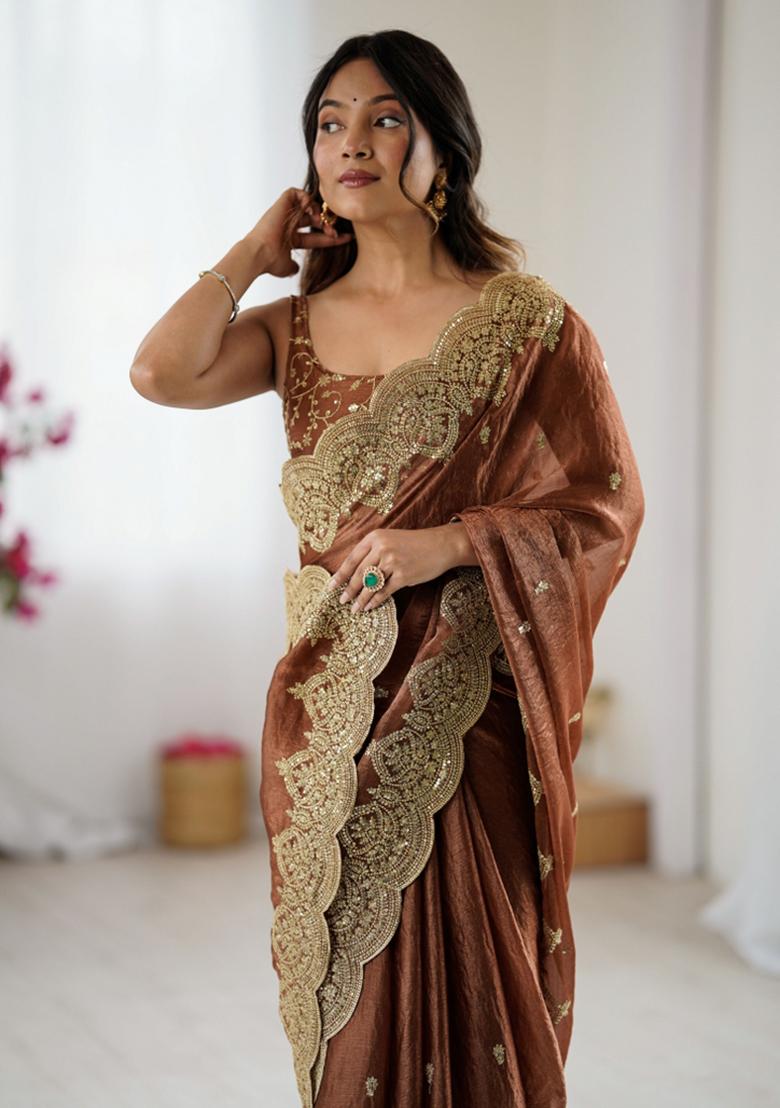 Brown Zari Work Tissue Saree Set - Indya