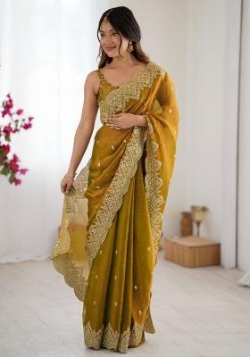 Mustard Zari Work Tissue Saree Set