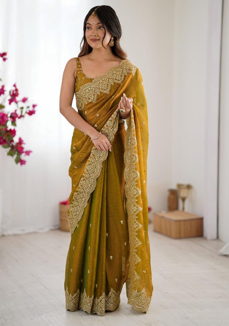 Mustard Zari Work Tissue Saree Set - Indya