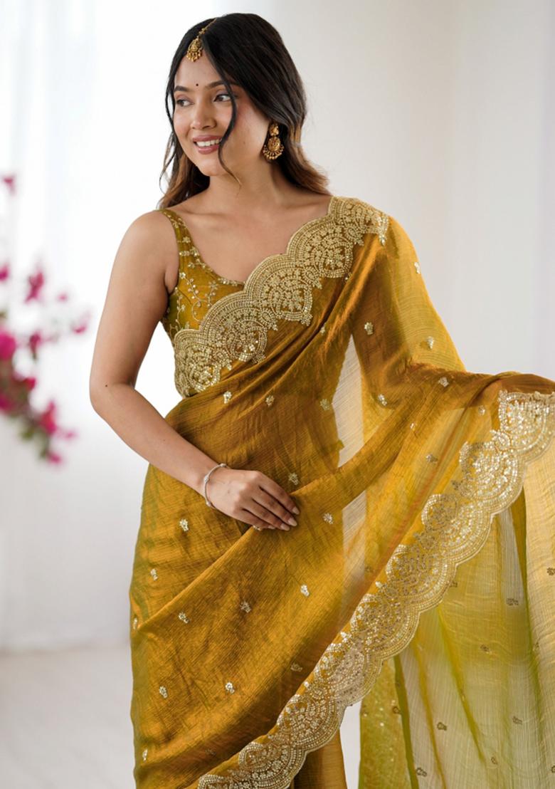 Mustard Zari Work Tissue Saree Set - Indya