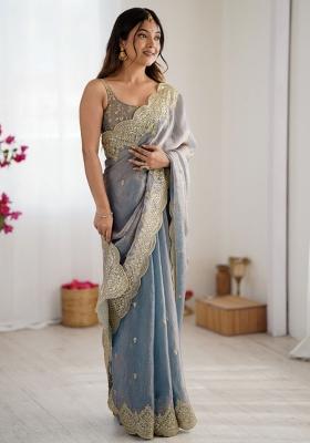 Grey Zari Work Tissue Saree Set