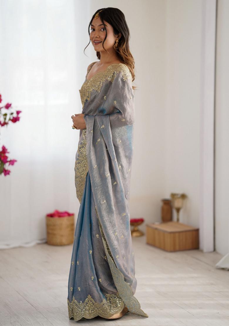 Grey Zari Work Tissue Saree Set - Indya