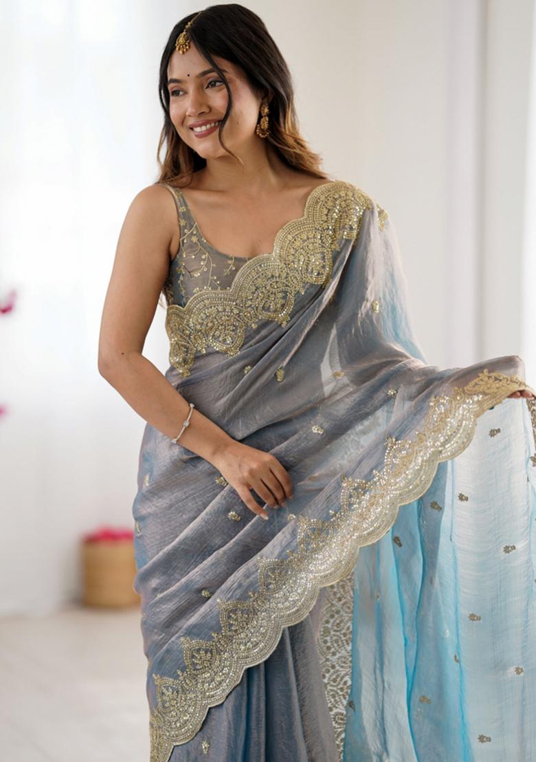 Grey Zari Work Tissue Saree Set - Indya