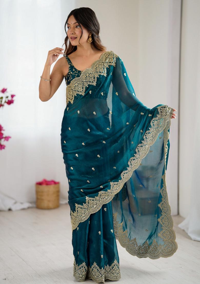 Green Zari Work Tissue Saree Set - Indya