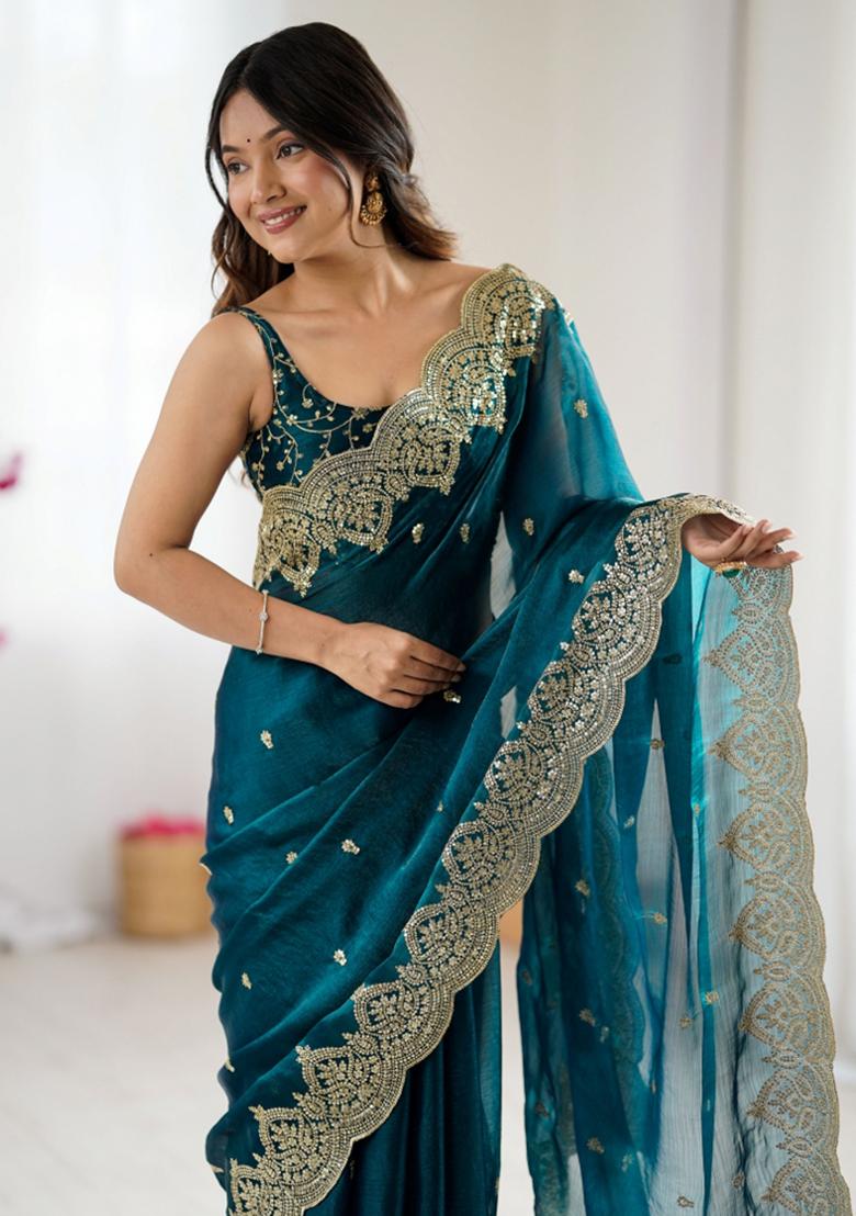 Green Zari Work Tissue Saree Set - Indya