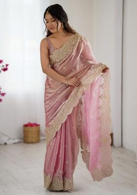 Pink Zari Work Tissue Saree Set