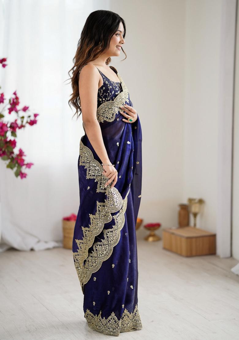 Purple Zari Work Tissue Saree Set - Indya