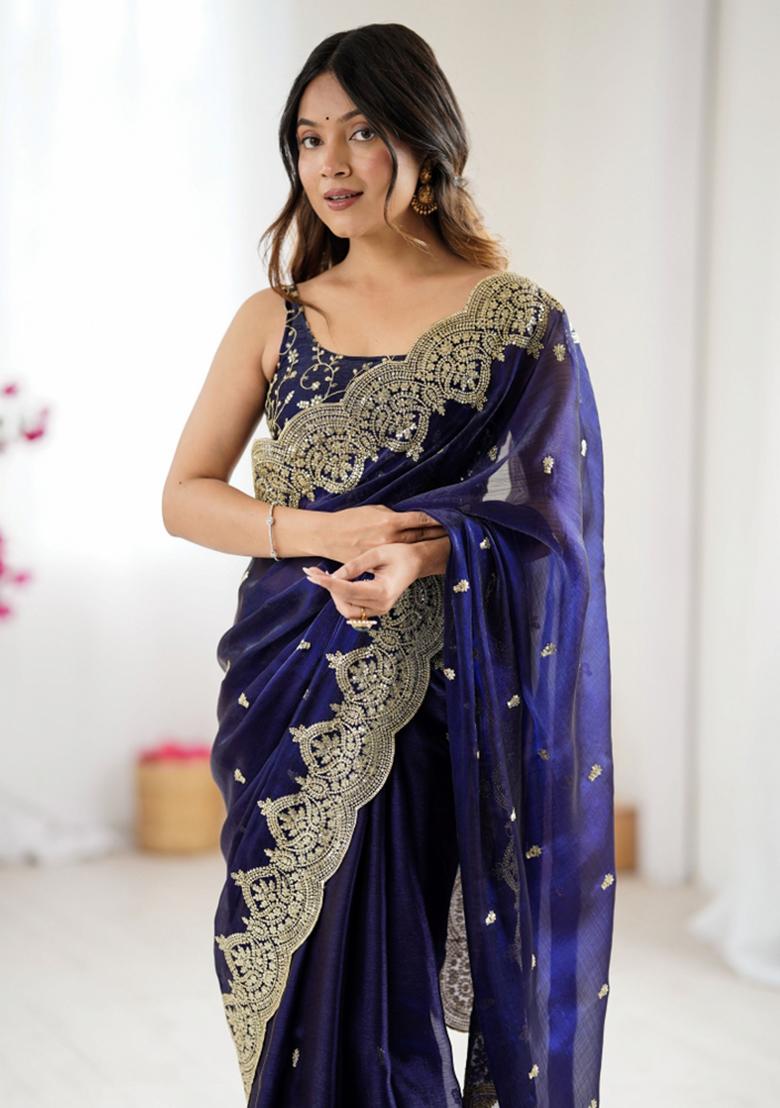 Purple Zari Work Tissue Saree Set - Indya