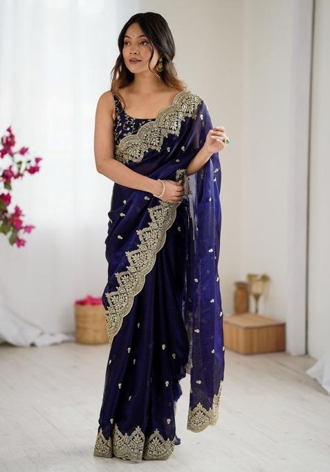 Purple Zari Work Tissue Saree Set